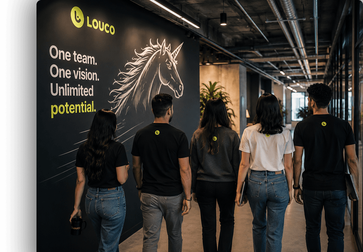 Louco team walking through the office